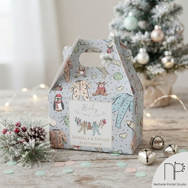 Winter Baby Shower Favour Boxes (These winter baby shower favor boxes feature hand-drawn illustrations for festive Christmas party)