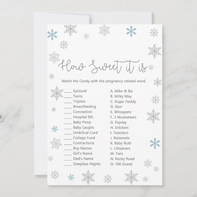 Winter Baby Shower Game w answer back 5x7 size Invitation (Front)