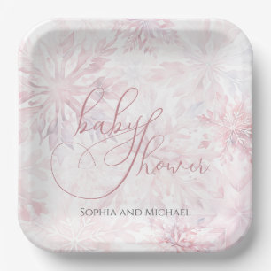 Winter Baby Shower Girl Pink Snowflake Paper Plate