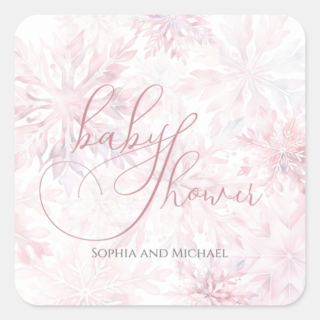 Winter Baby Shower Girl Pink Snowflake Square Sticker (Front)