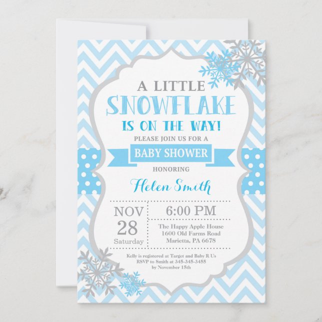 Winter Baby Shower Invitation Blue Snowflake (Front)
