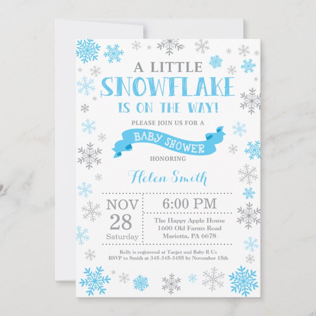 Winter Baby Shower Invitation Blue Snowflake (Front)