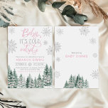 Winter Baby Shower Invitation It's Cold Outside<br><div class="desc">The invitation features snowflakes and evergreen pine trees with pink Christmas lights. This design is perfect for a winter baby shower for a girl.</div>