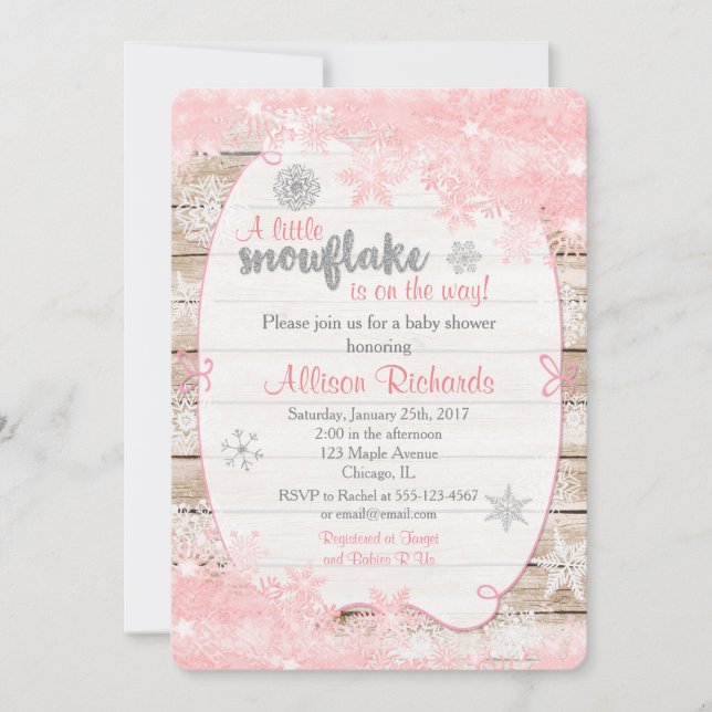 winter baby shower invitation pink and silver (Front)
