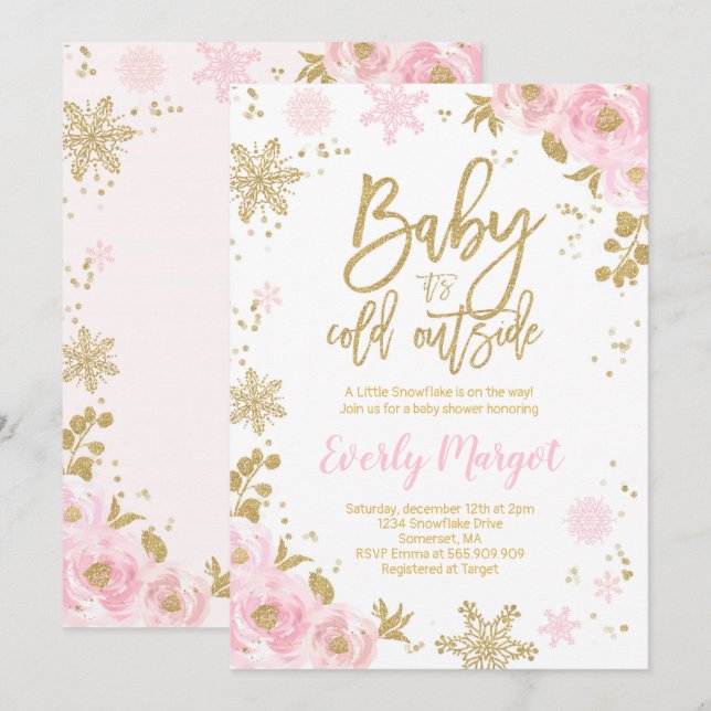 Winter Baby Shower Invitation Pink Gold Snowflake (Front/Back)