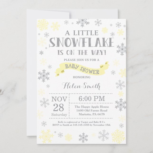 Winter Baby Shower Invitation Yellow Snowflake (Front)