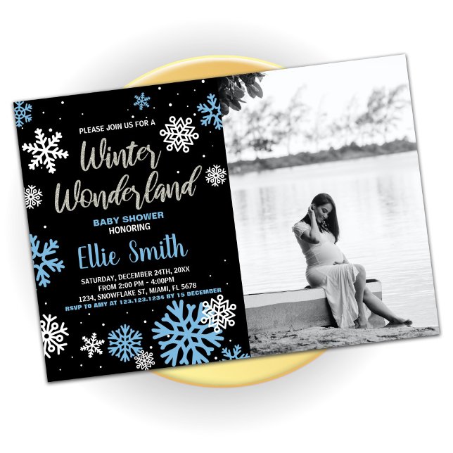 Winter Baby Shower Invitations Black Photo (Winter Baby Shower Invitations Black Photo)