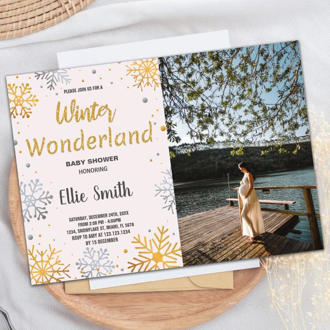 Winter Baby Shower Invitations Golden Snow Photo (Winter Baby Shower Invitations Golden Snow Photo)