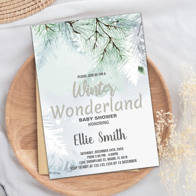Winter Baby Shower Invitations Pine Glitter Silver (Winter Baby Shower Invitations Pine Glitter Silver)