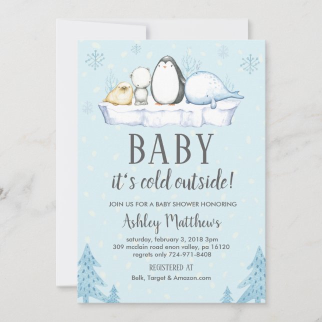 winter baby shower invite, winter animals artic invitation (Front)