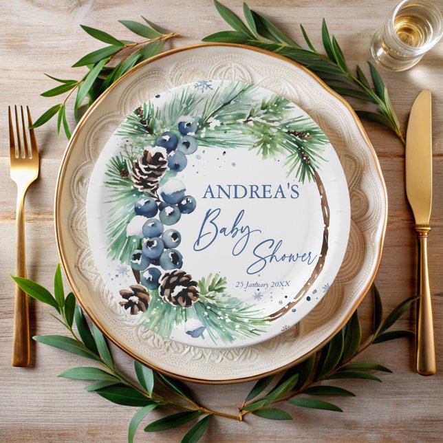 Winter baby shower pines wreath monogrammed paper plate (Winter baby shower pines wreath monogrammed paper plates personalized table decor printed plates)