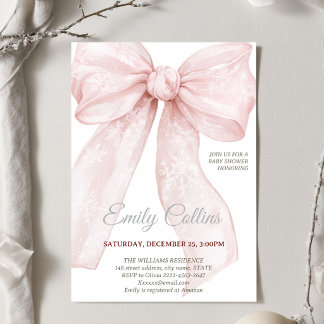 Winter Baby Shower Pink Snowflake Bow Coquette  Invitation