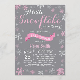 Winter Baby Shower Pink White and Grey Snowflake Invitation