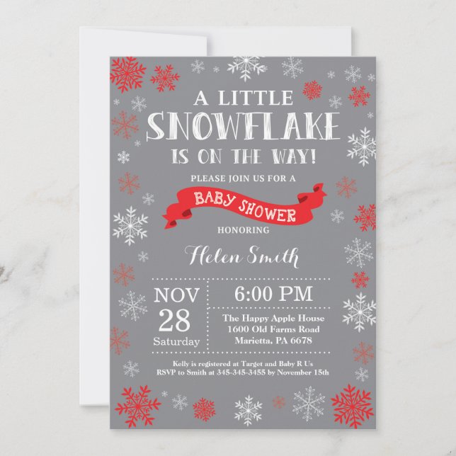 Winter Baby Shower Red White and Grey Snowflake Invitation (Front)