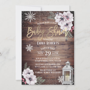 Winter Baby Shower Rustic Lantern Snowflakes Invitation