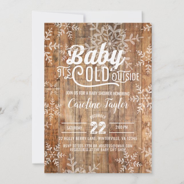 Winter Baby Shower Rustic Snowflakes on Wood Invitation (Front)