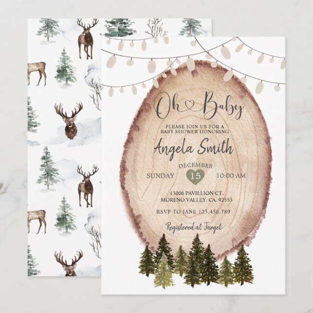 Winter Baby Shower Rustic Woodland String Lights Invitation (Front/Back)