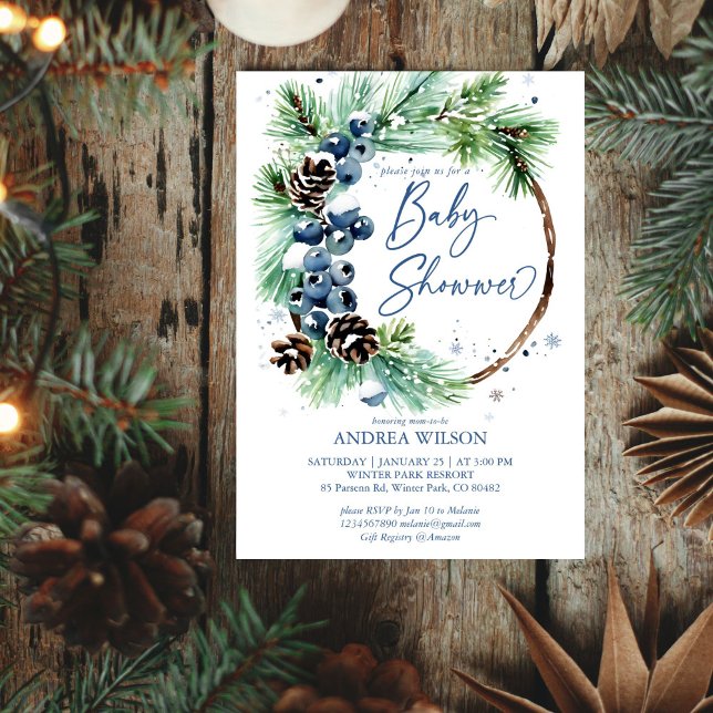 Winter baby shower snowy pines wreath dusty blue invitation (Winter baby shower snowy pine wreath editable template invitation digital download  dusty blue )