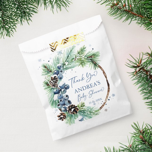 Winter baby shower snowy pines wreath favour bag (Winter baby shower snowy pines wreath favor bag watercolor blue winter berries pine cones )