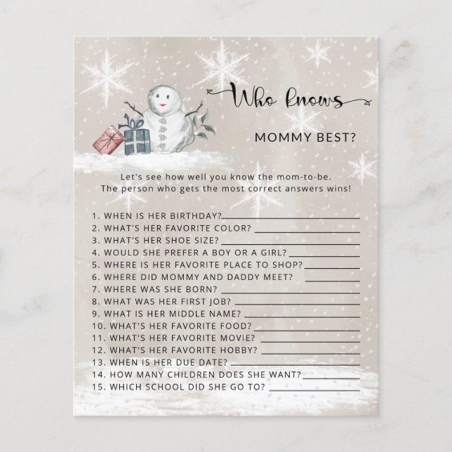 Winter baby Shower Who knows mommy best game (Front)