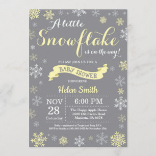 Winter Baby Shower Yellow White and Grey Snowflake Invitation