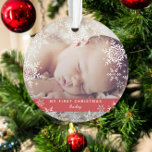 Winter Baby's First Christmas Snowflakes on Red Ornament<br><div class="desc">This sweet design features white and silver glitter snowflakes with space for one photo to commemorate Baby's 1st Christmas! The collection of coordinating products is available in our shop, zazzle.com/doodlelulu*. Contact us if you need this design applied to a specific product to create your own unique matching item! Thank you...</div>