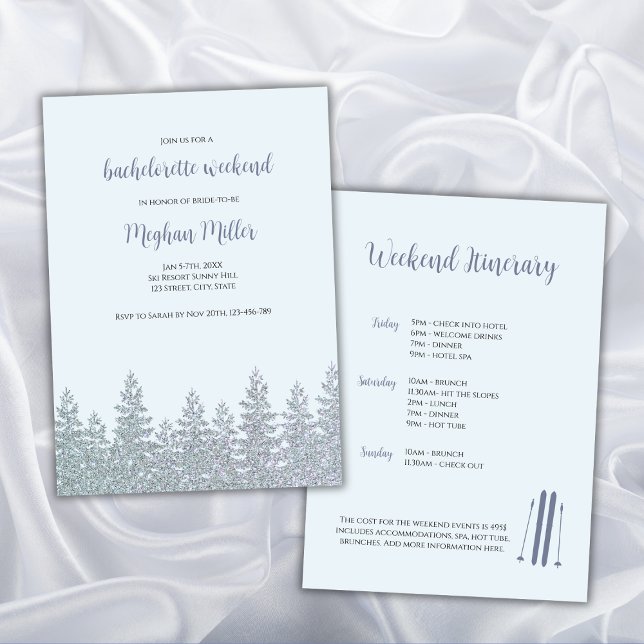 Winter Bachelorette Ski Weekend Itinerary Invitation (winter bachelorette invitation ski bachelorette snow glitter)