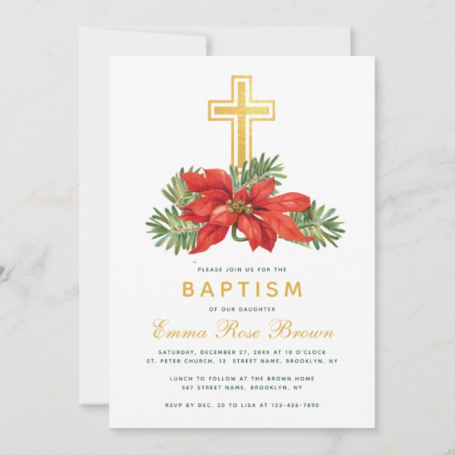 Winter Baptism around Christmas Poinsettia & Pine Invitation (Front)