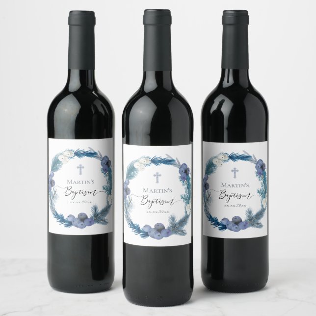 winter Baptism blue wreath Wine Label (Bottles)