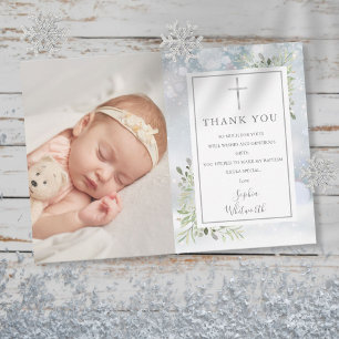 Winter Baptism Christening Greenery Thank You Card
