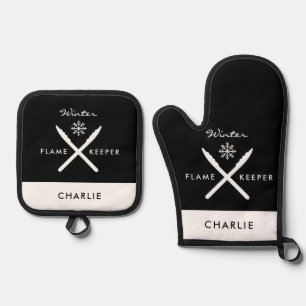 Winter Barbecue Grill Snowflake Funny Personalized Oven Mitt & Pot Holder Set