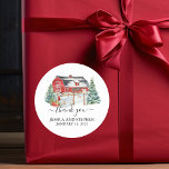 Winter Barn Christmas Wedding   Classic Round Sticker<br><div class="desc">This design may be personalized in the area provided by changing the photo and/or text. Or it can be customized by clicking Personalize this Template and then choosing the click to customize further option and delete or change the colour of the background, add text, change the text colour or style,...</div>