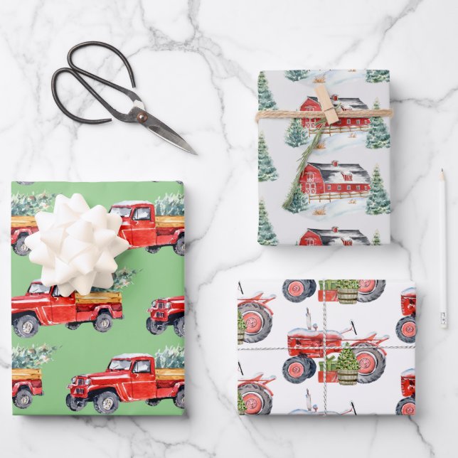 Winter Barn Tractor & Truck Trio Wrapping Paper Sheet (Front)