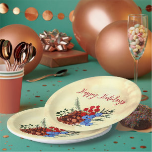 Winter Barries Cone Merry Christmas Trees Yellow Paper Plate