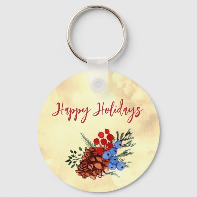 Winter Barries Merry Christmas Trees Yellow Red Keychain (Front)