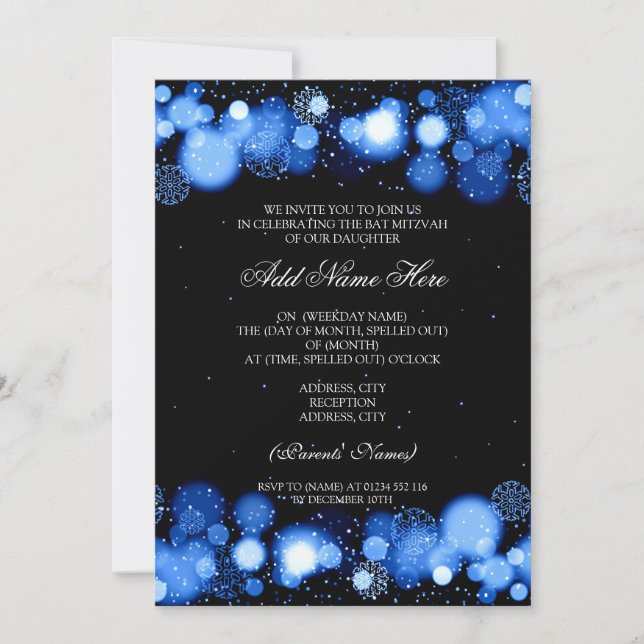 Winter Bat Mitzvah Blue Snowflakes Lights Invitation (Front)
