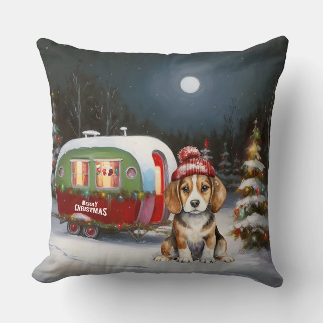 Winter Beagle Caravan Christmas Adventure  Throw Pillow (Front)