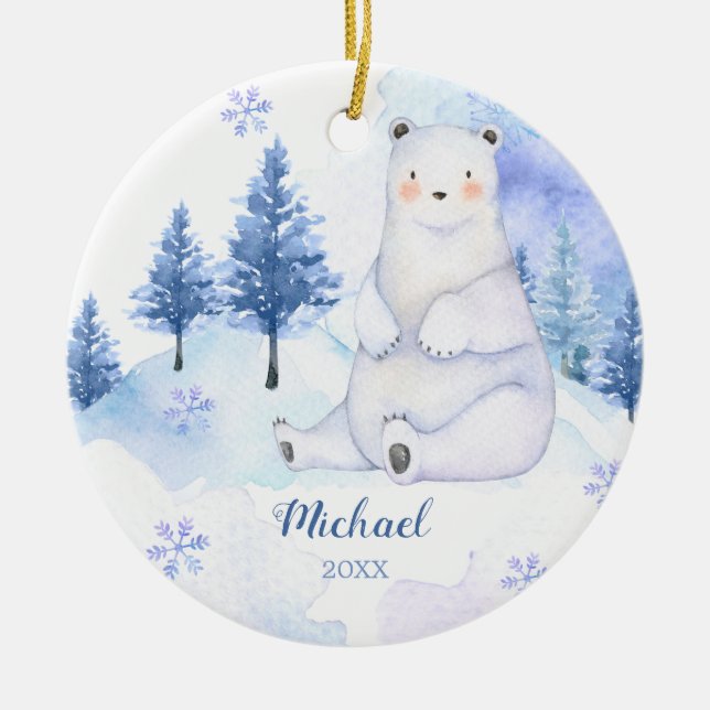 Winter Bear Artics Animal Blue Snowflakes Mountain Ceramic Ornament (Front)