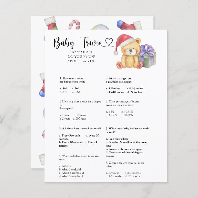 Winter bear - Baby Trivia | Baby Shower Game (Front/Back)