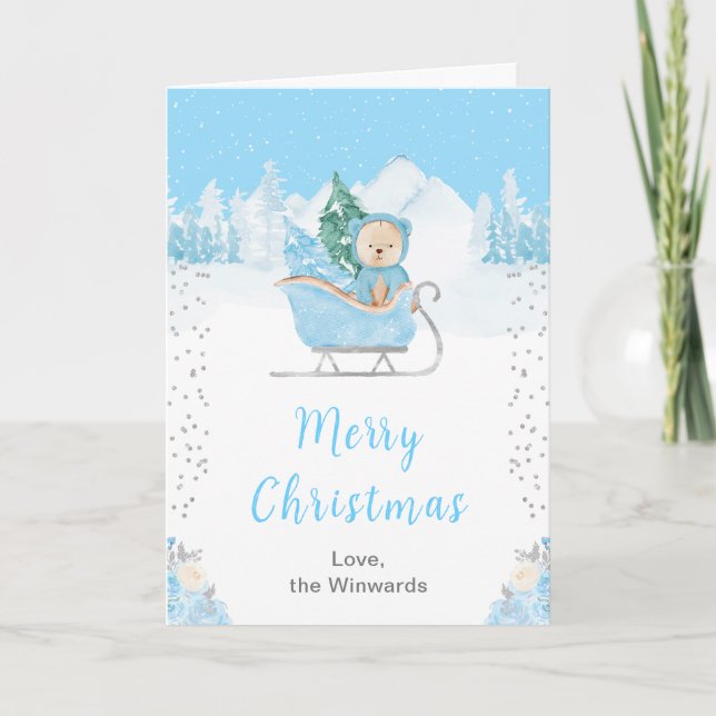 Winter Bear Blue Sleigh Merry Christmas Holiday Card (Front)