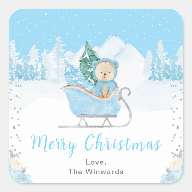 Winter Bear Blue Sleigh Merry Christmas Square Sticker (Front)