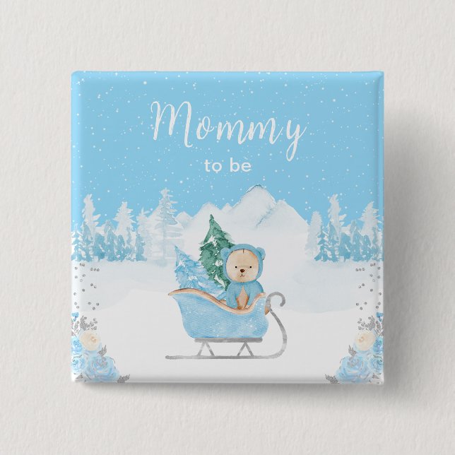 Winter Bear Blue Sleigh Mommy To Be 2 Inch Square Button (Front)