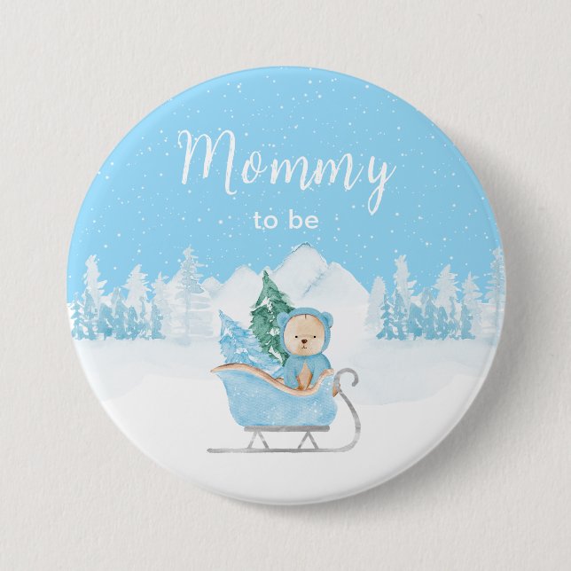 Winter Bear Blue Sleigh Mommy To Be 3 Inch Round Button (Front)
