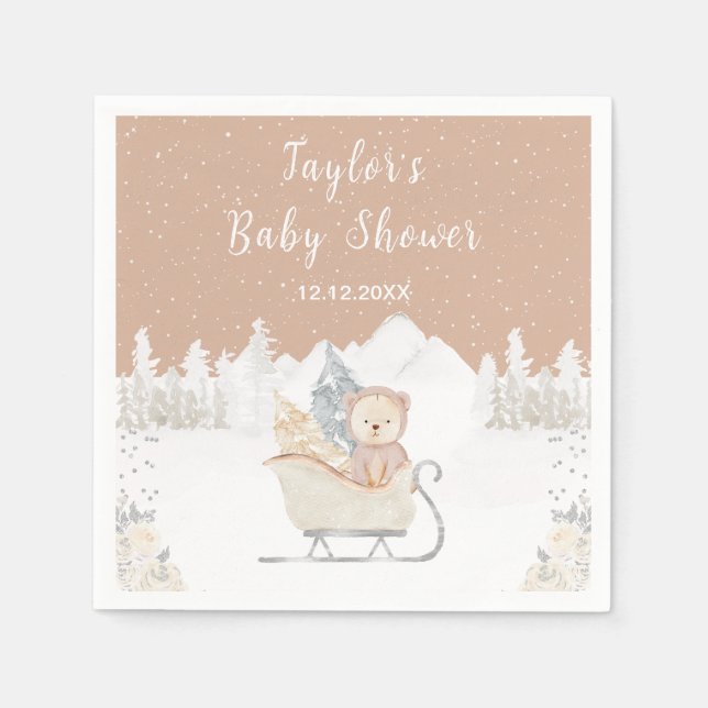 Winter Bear Brown Sleigh Baby Shower Napkin (Front)