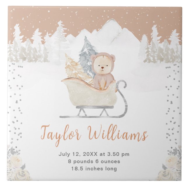 Winter Bear Brown Sleigh Birth Statistics Tile (Front)