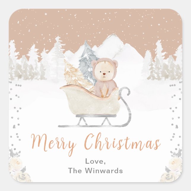 Winter Bear Brown Sleigh Merry Christmas Square Sticker (Front)