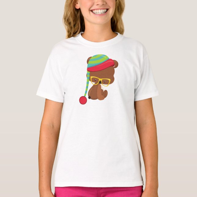 Winter Bear, Hipster Bear, Bear With Glasses, Hat T-Shirt (Front)