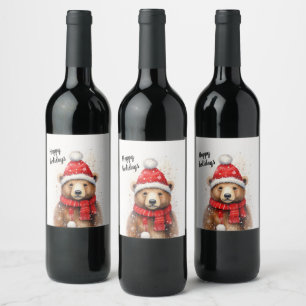 Winter Bear in a Cozy Red Hat Wine Label