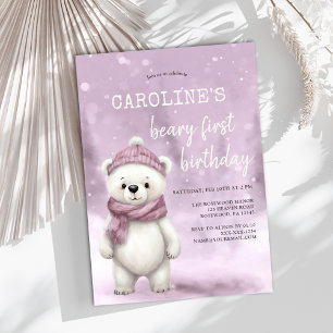 Winter Bear Pink Baby Girl First Birthday Invitation