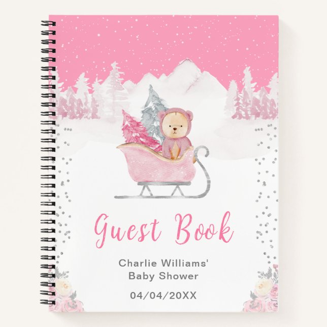 Winter Bear Pink Sleigh Baby Shower Guest Book (Front)
